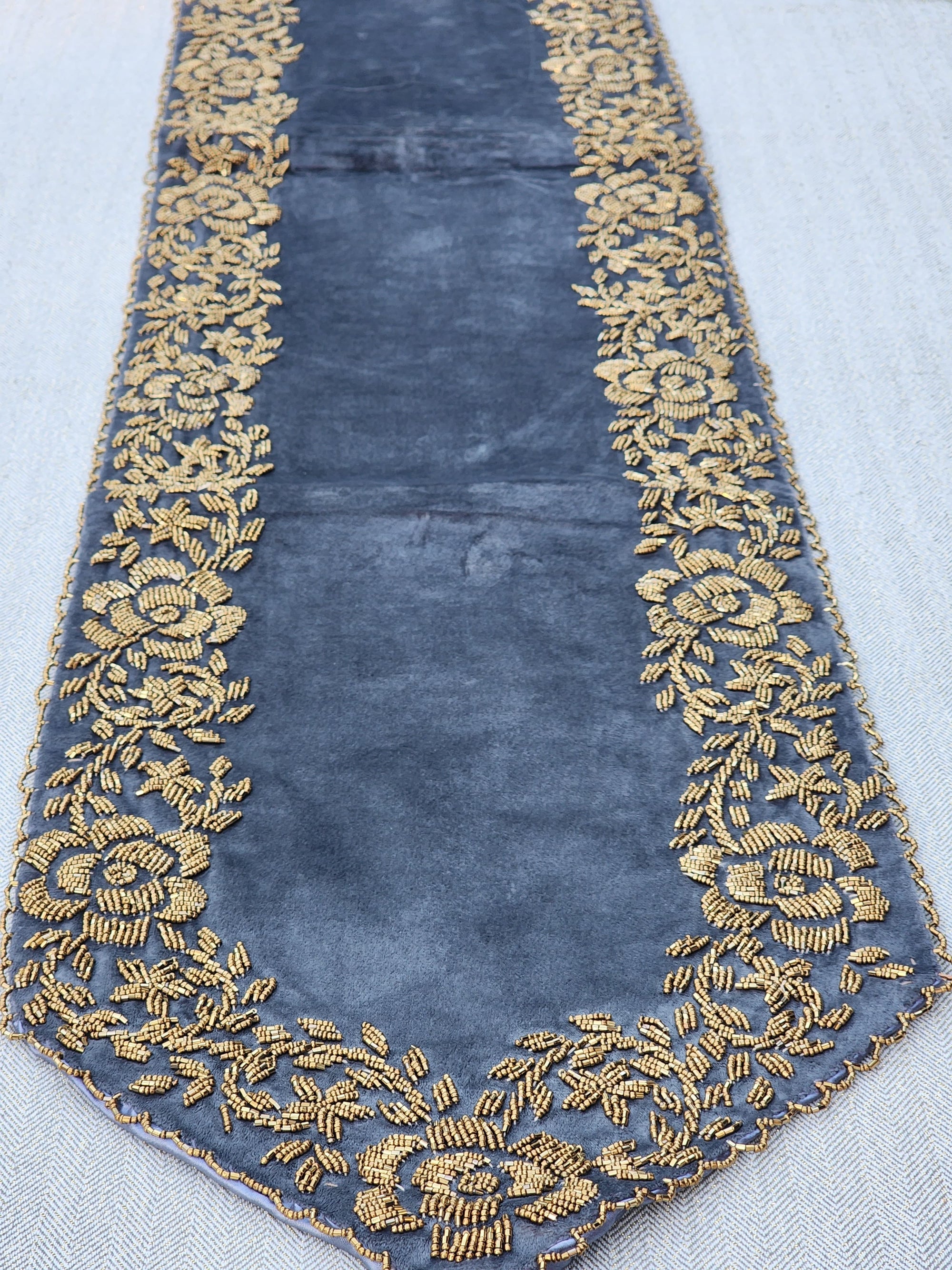 Grey and Gold Handmade Beaded Runner (Border Design 1)