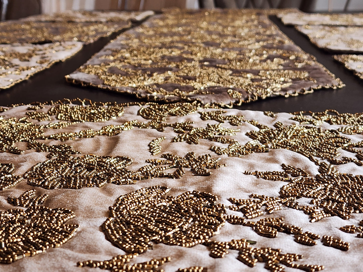 Beige and Gold Handmade Beaded Table Runner Set (Design 2)