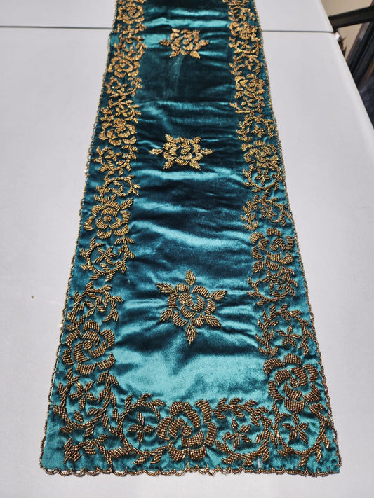 Handmade Beaded Runner- Sea Green and Gold-1 - Handmade Stories