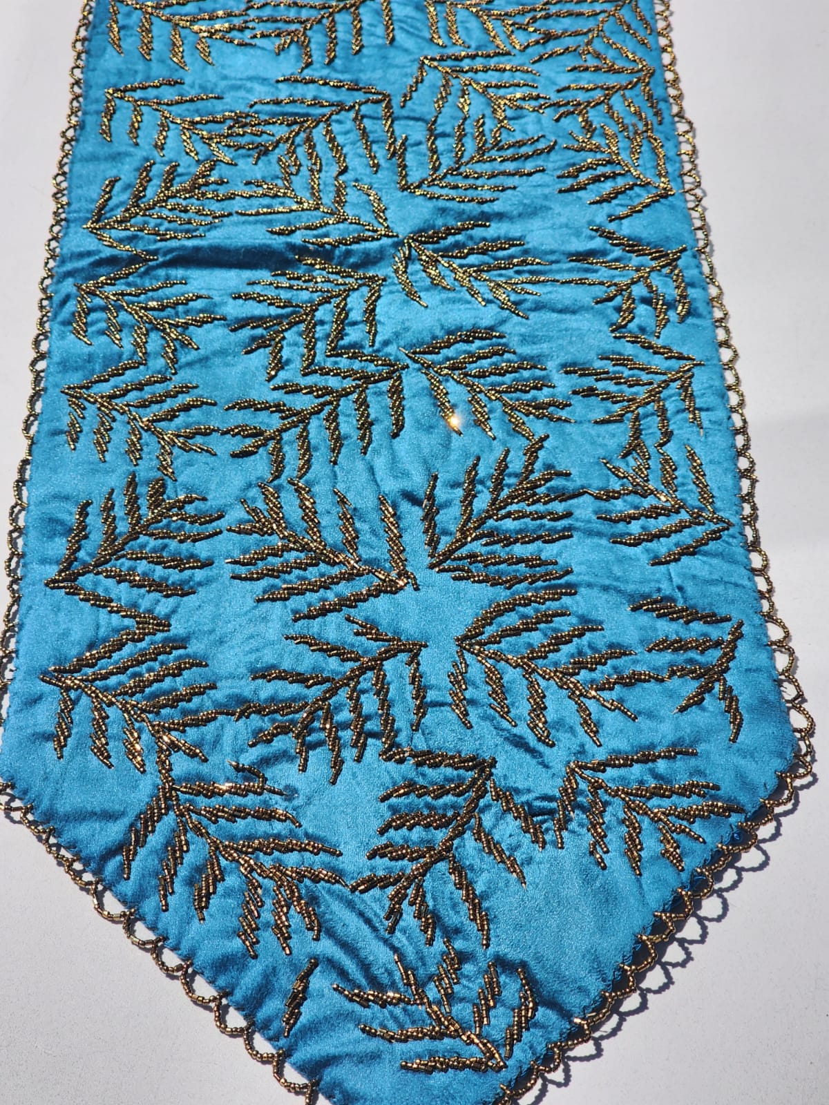 Handmade Beaded Runner- Sea Green and Gold-2