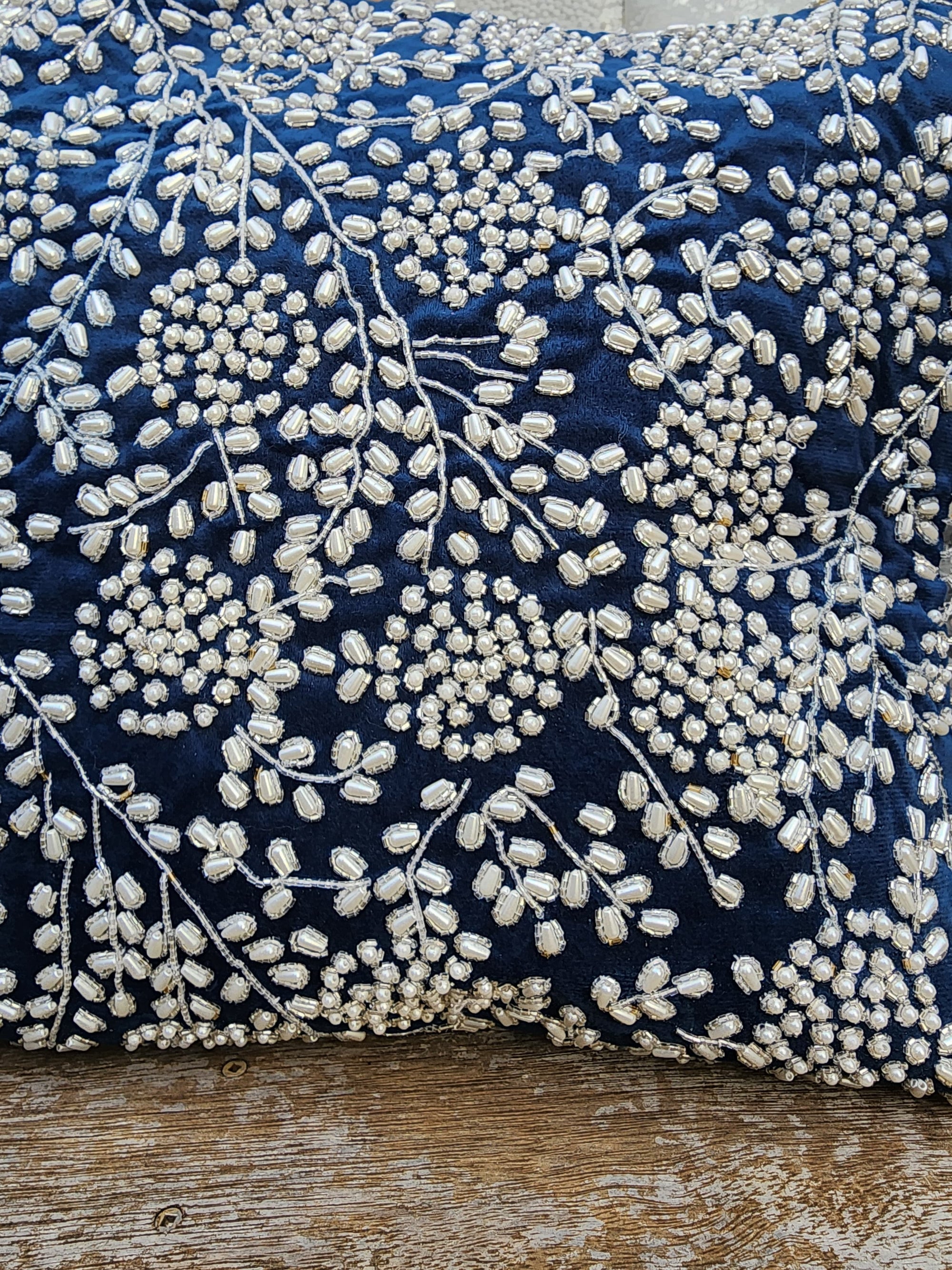 Handmade Velvet Cushion Cover Royal Blue Pearl and Silver