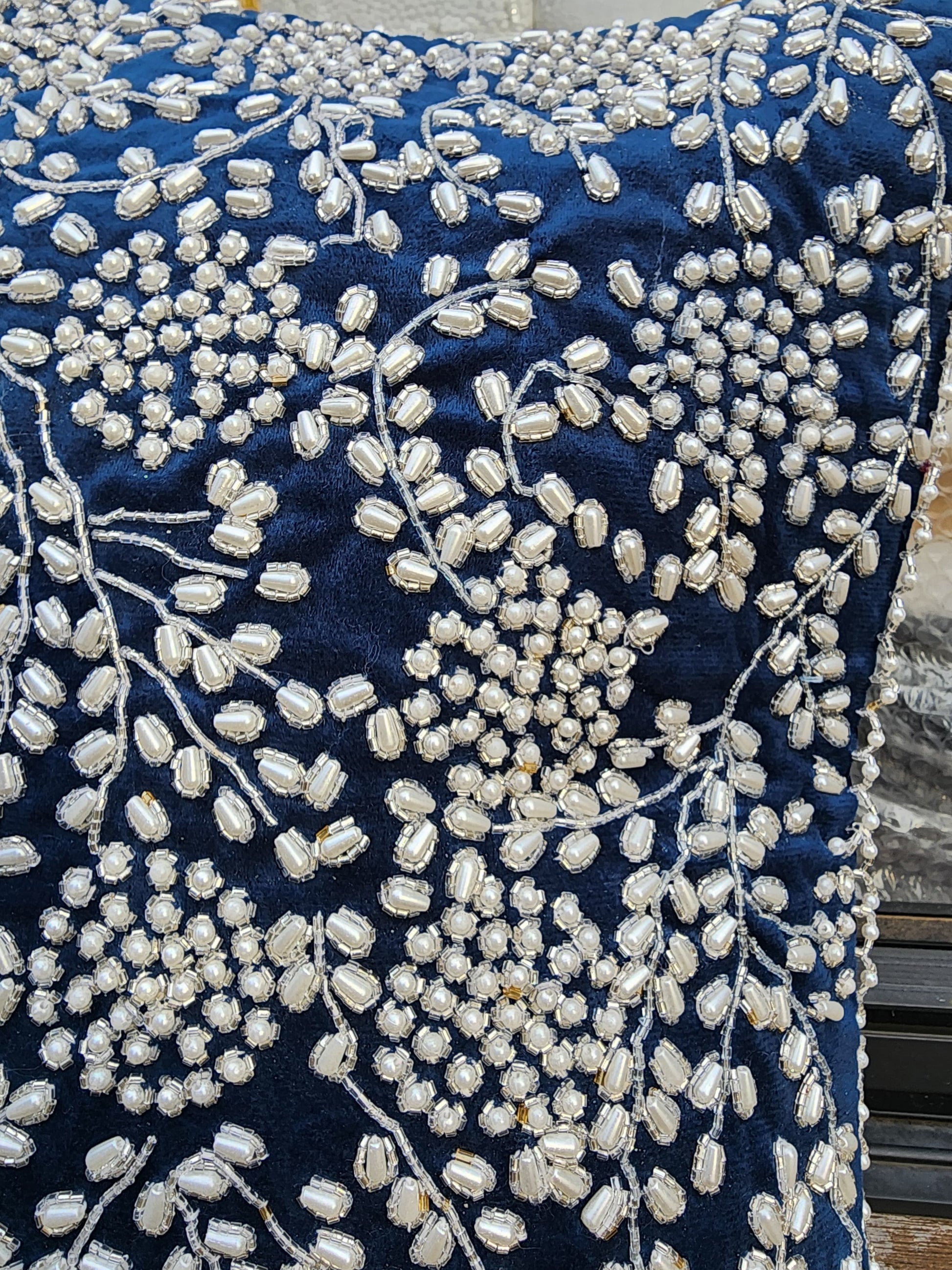 Handmade Velvet Cushion Cover (Royal blue pearl and Silver) - Handmade Stories