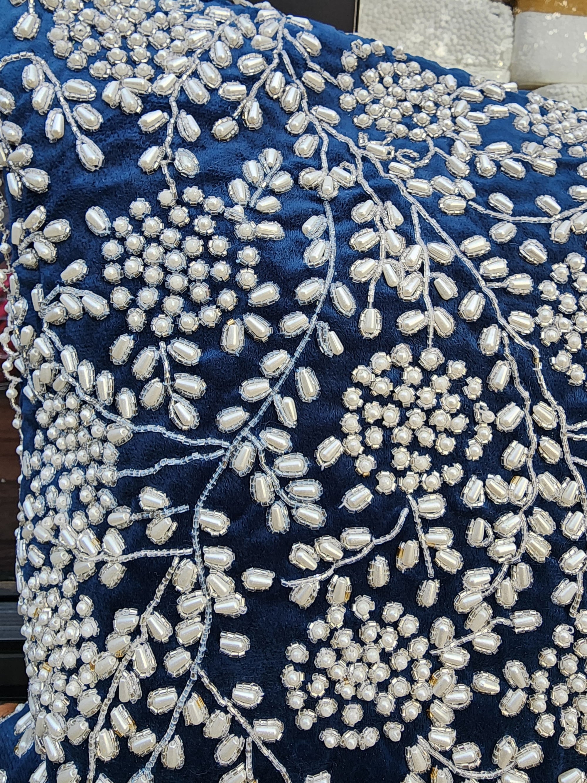 Handmade Velvet Cushion Cover Royal Blue Pearl and Silver