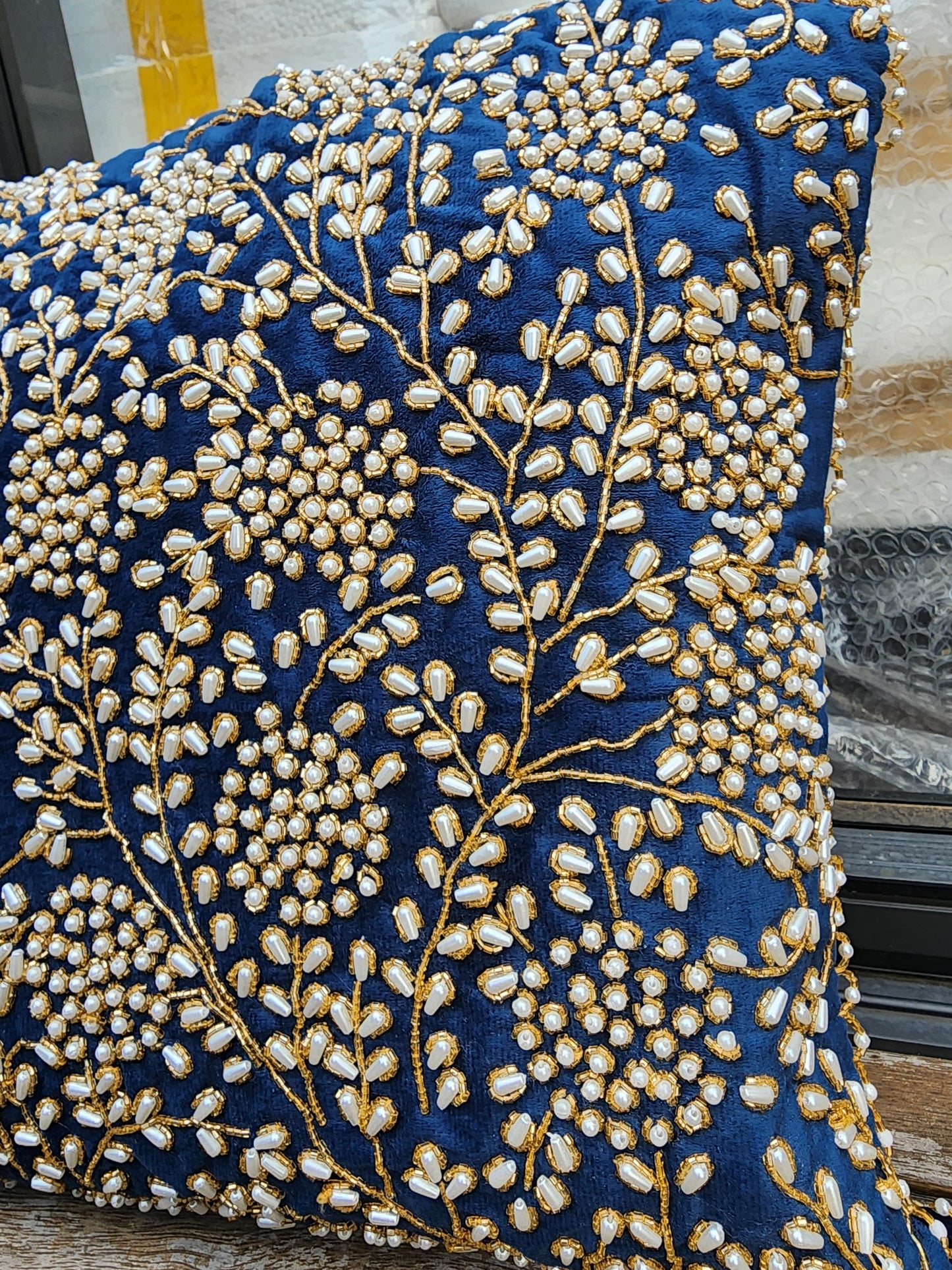 Handmade Velvet Cushion Cover (Royal blue pearl and Gold)