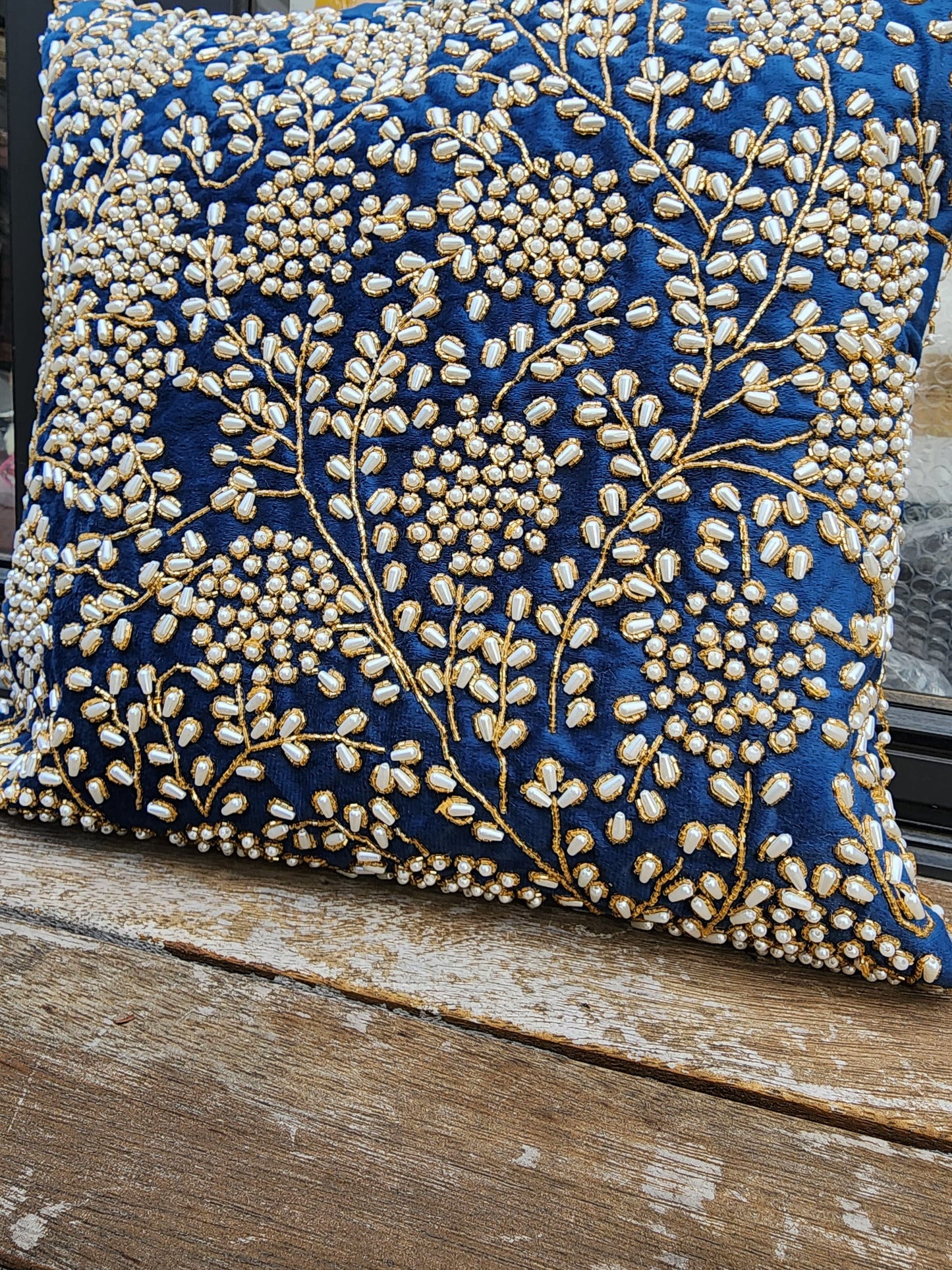Handmade Velvet Cushion Cover (Royal blue pearl and Gold)