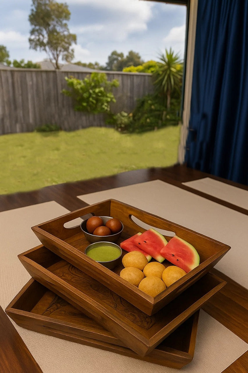 3-Piece Rectangular Wooden engraved Serving Tray Set