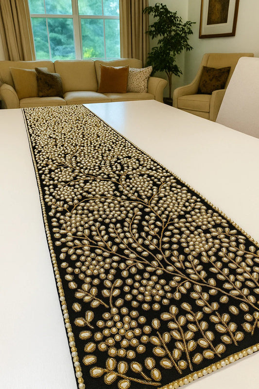 Handmade Table Runner (Black and Gold with Pearl)