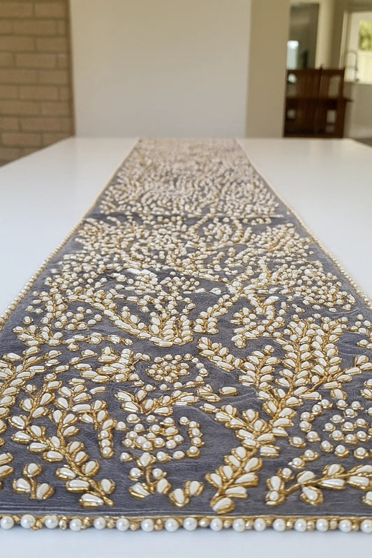 Grey and Gold with Pearl Handmade Table Runner Set