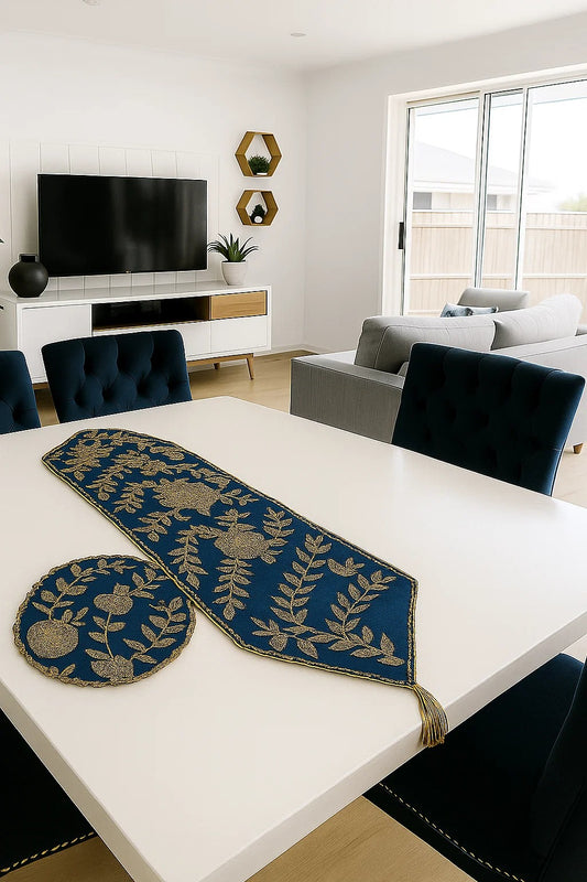 Cobalt Blue and Gold Handmade Beaded Table Runner Set