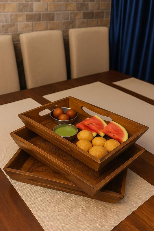 3-Piece Rectangular Wooden engraved Serving Tray Set