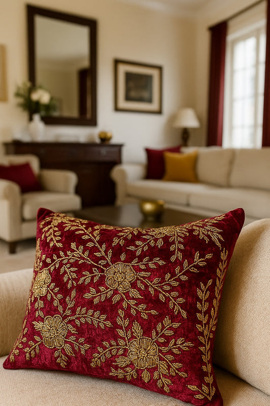 Handmade Velvet Cushion Cover (Maroon and Gold)