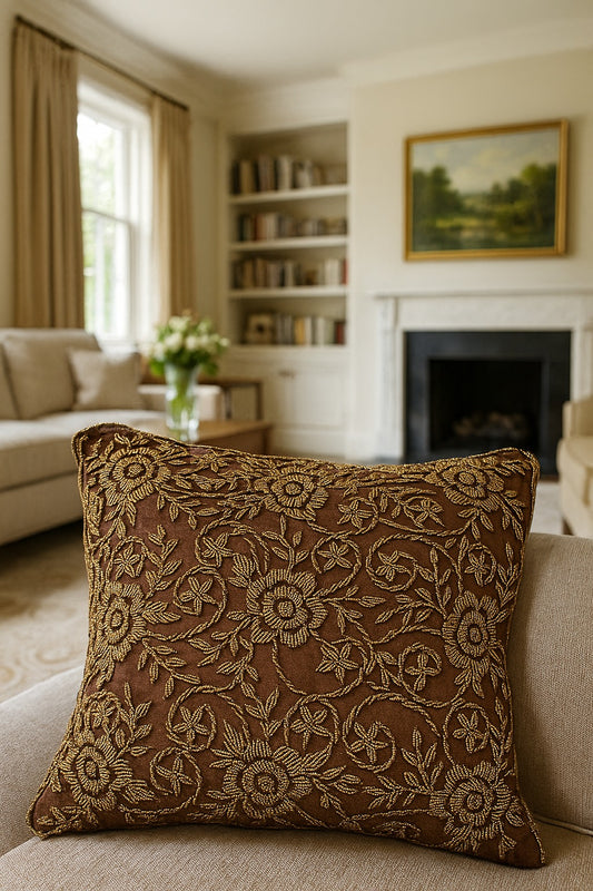 Handmade velvet Cushion Cover (Brown and Gold)