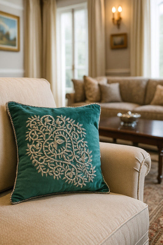 Handmade velvet Cushion Cover (Green and Silver)