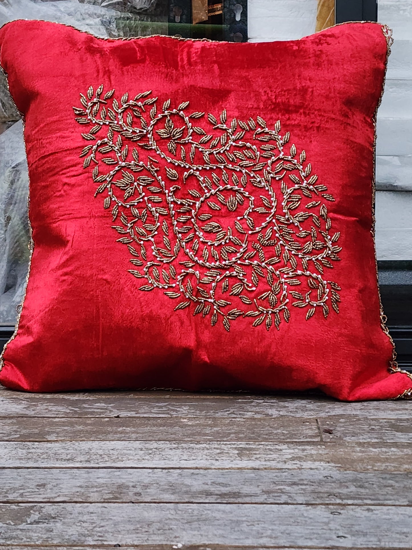 Handmade Velvet Cushion Cover (Red and Gold) Design 2