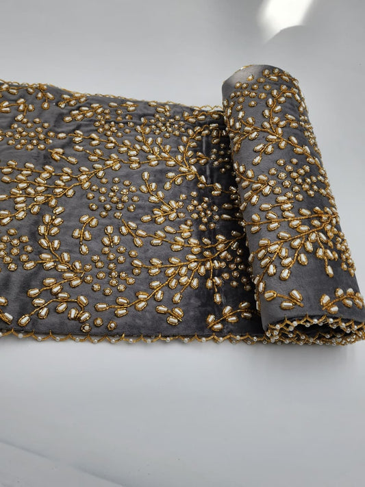 Handmade Beaded Table Runner Set (Grey Gold Pearl)