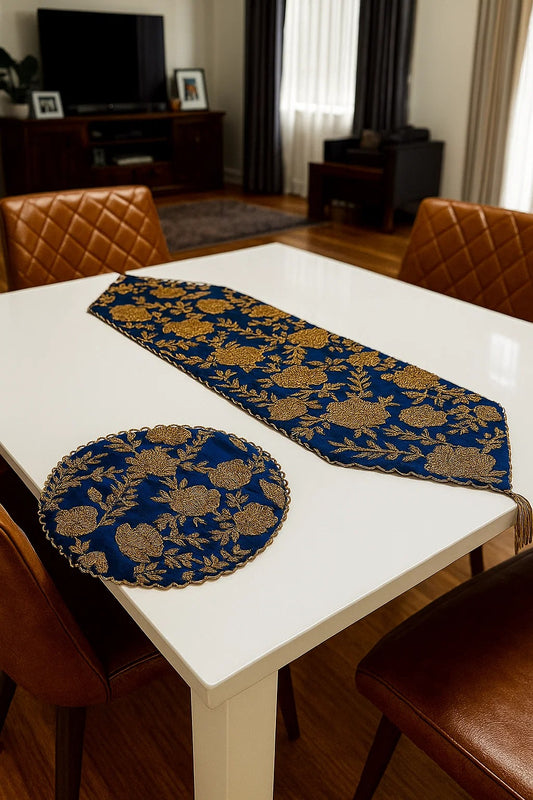 Handmade Beaded Table Runner Set- Cobalt Blue