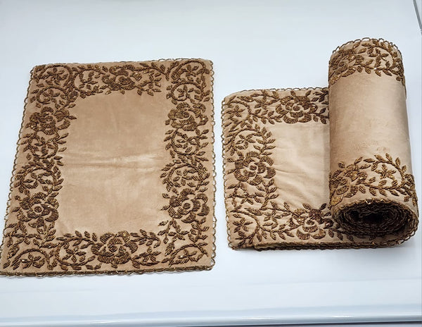 Handmade Beaded Table Runner Set - Beige and Gold (Design No 04)
