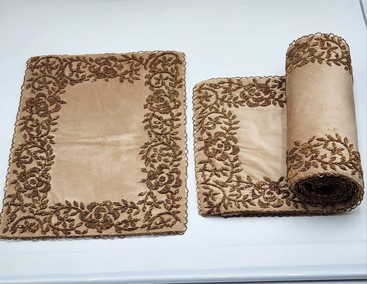 Handmade Beaded Table Runner Set - Beige and Gold (Design No 04)