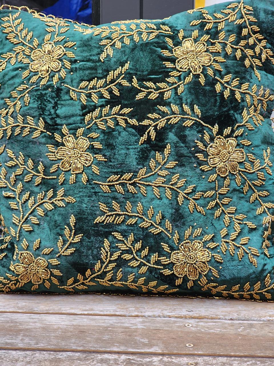 Handmade velvet Cushion Cover (Emerald Green Floral)