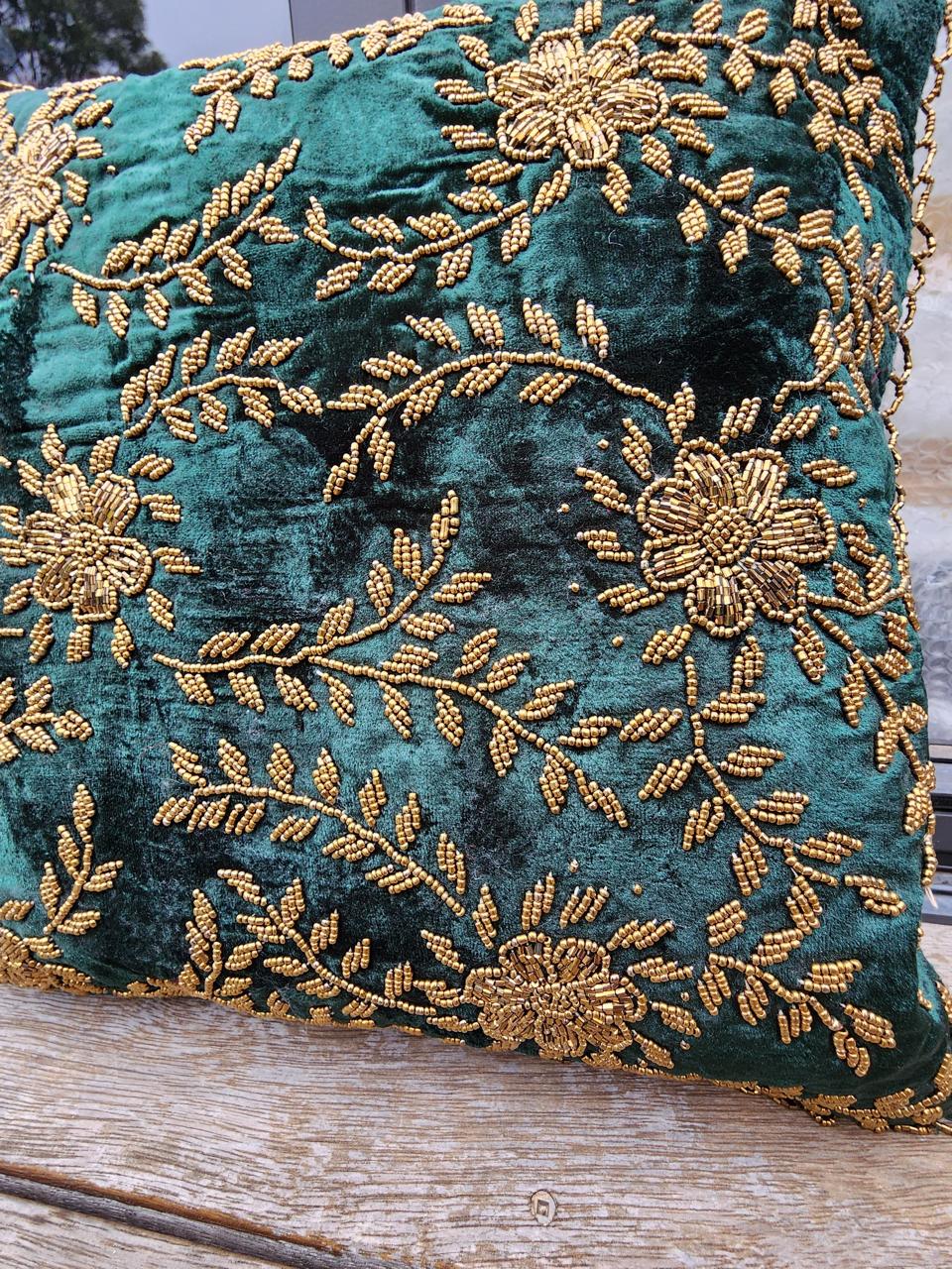 Handmade velvet Cushion Cover (Emerald Green Floral)