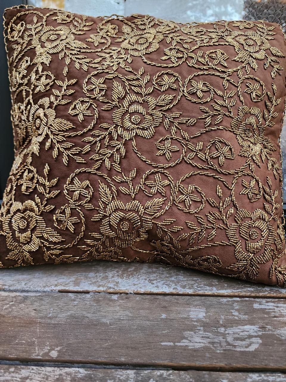 Handmade velvet Cushion Cover (Brown and Gold)