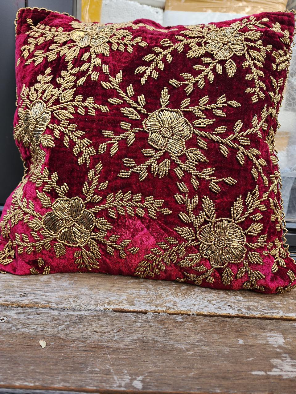 Handmade Velvet Cushion Cover (Maroon and Gold)