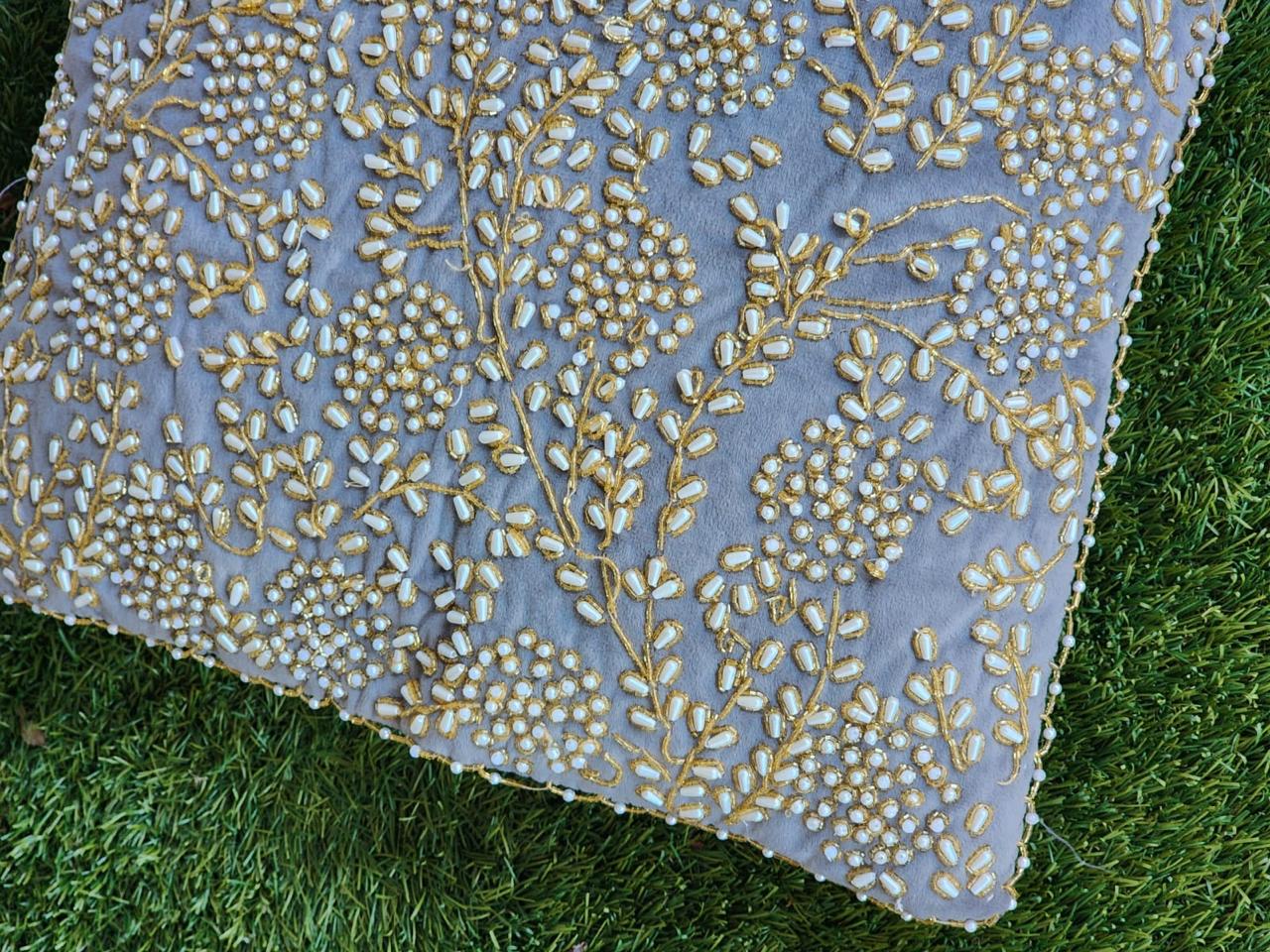 Handmade velvet Cushion Cover (Grey gold and pearl)