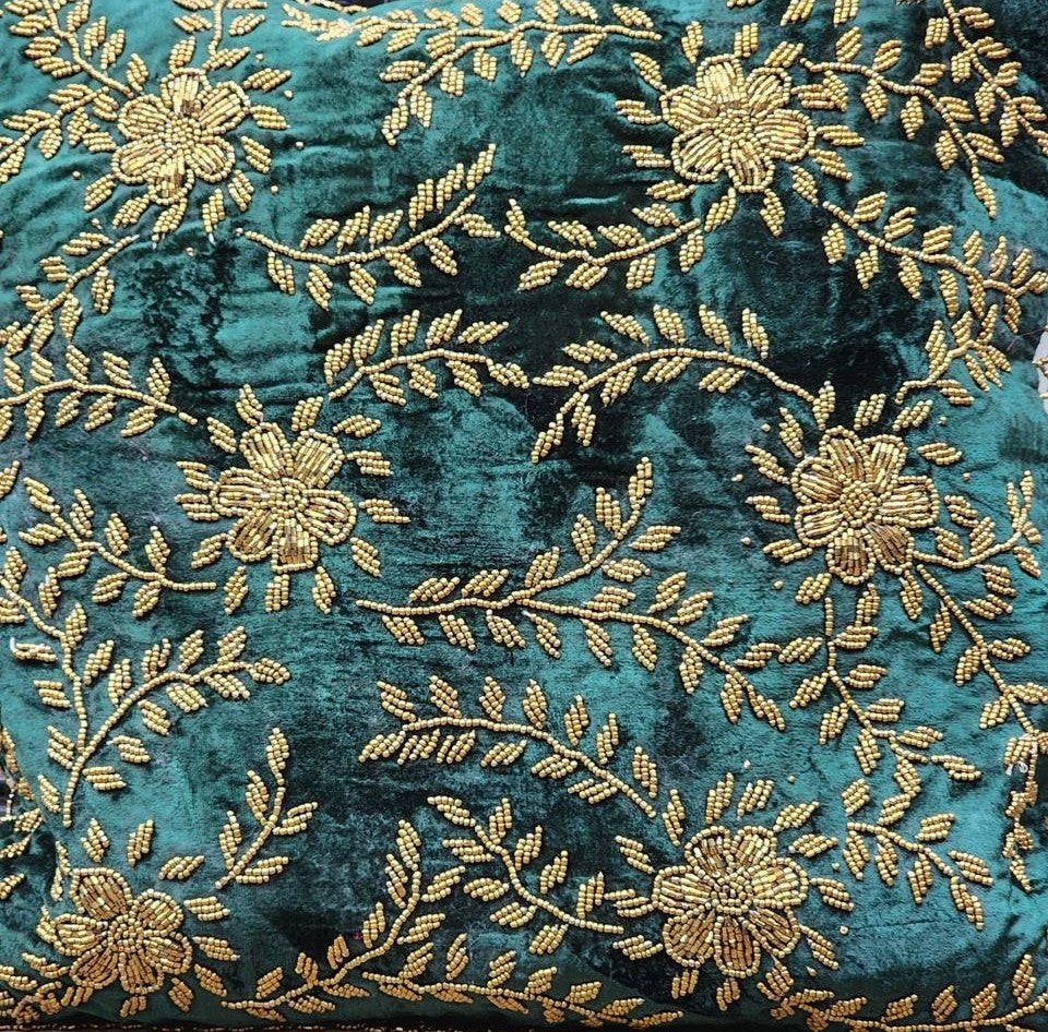Handmade velvet Cushion Cover (Emerald Green Floral)