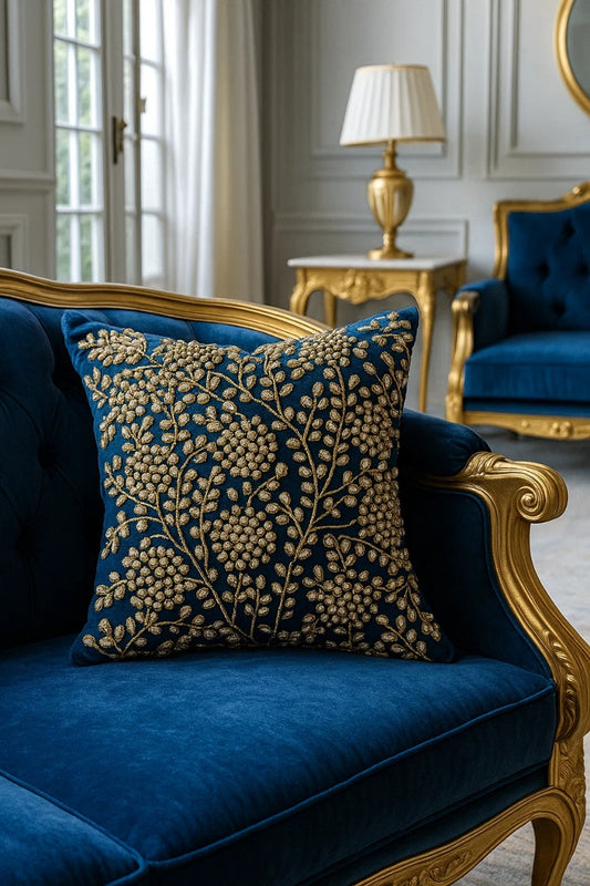 Handmade Velvet Cushion Cover (Royal blue pearl and Gold) - Handmade Stories