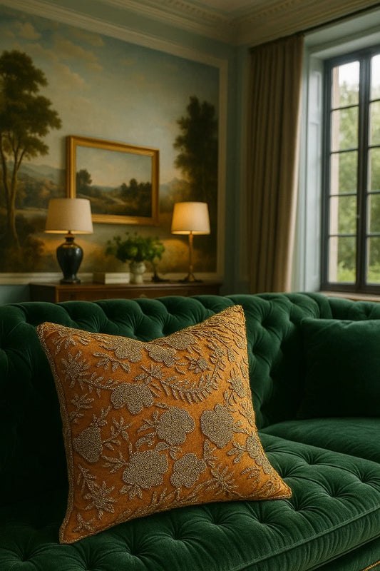 Handmade velvet Cushion Cover (Mustard With Floral Design)
