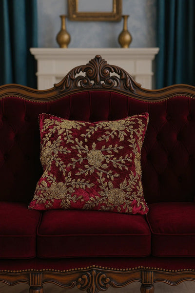 Handmade Velvet Cushion Cover (Maroon and Gold) - Handmade Stories