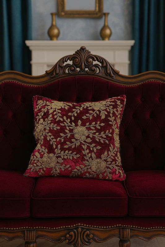 Handmade Velvet Cushion Cover (Maroon and Gold)