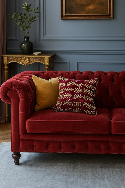 Handmade Velvet Cushion Cover (Red and Gold)