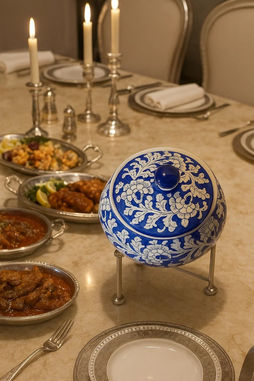 Handmade Ceramic Serving pot- Handi ( with stand) - Blue