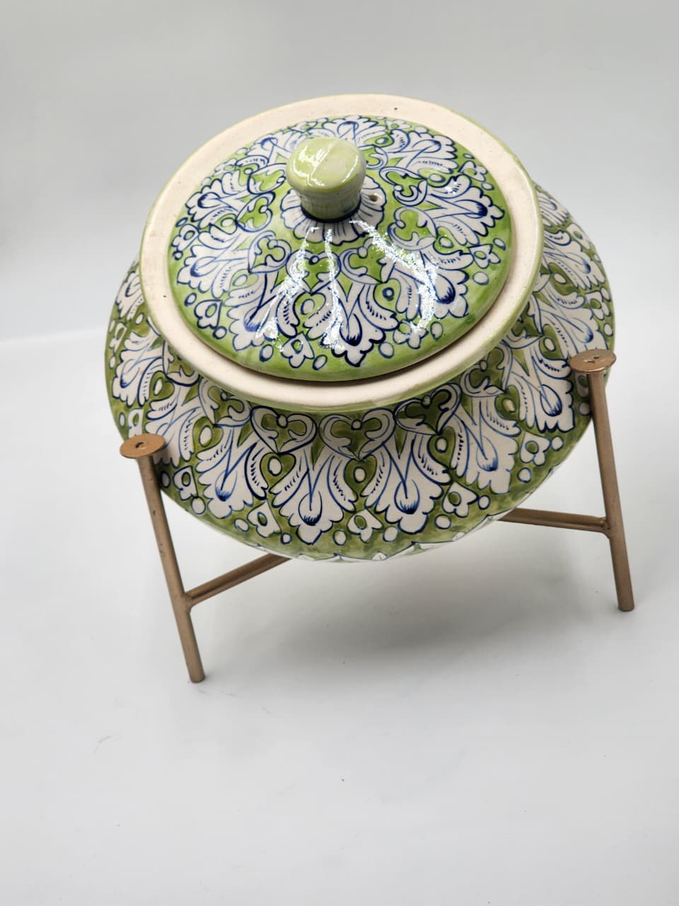 Handmade Ceramic serving pot- Handi with stand - Green
