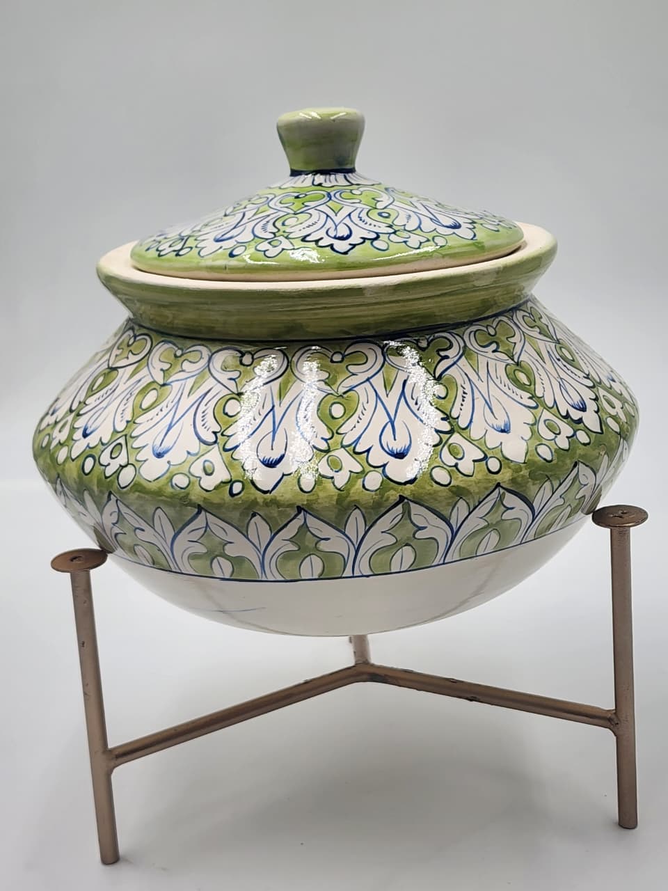 Handmade Ceramic serving pot- Handi with stand - Green