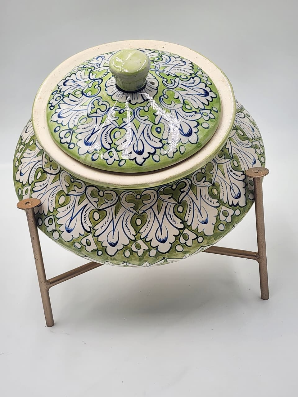 Handmade Ceramic serving pot- Handi with stand - Green
