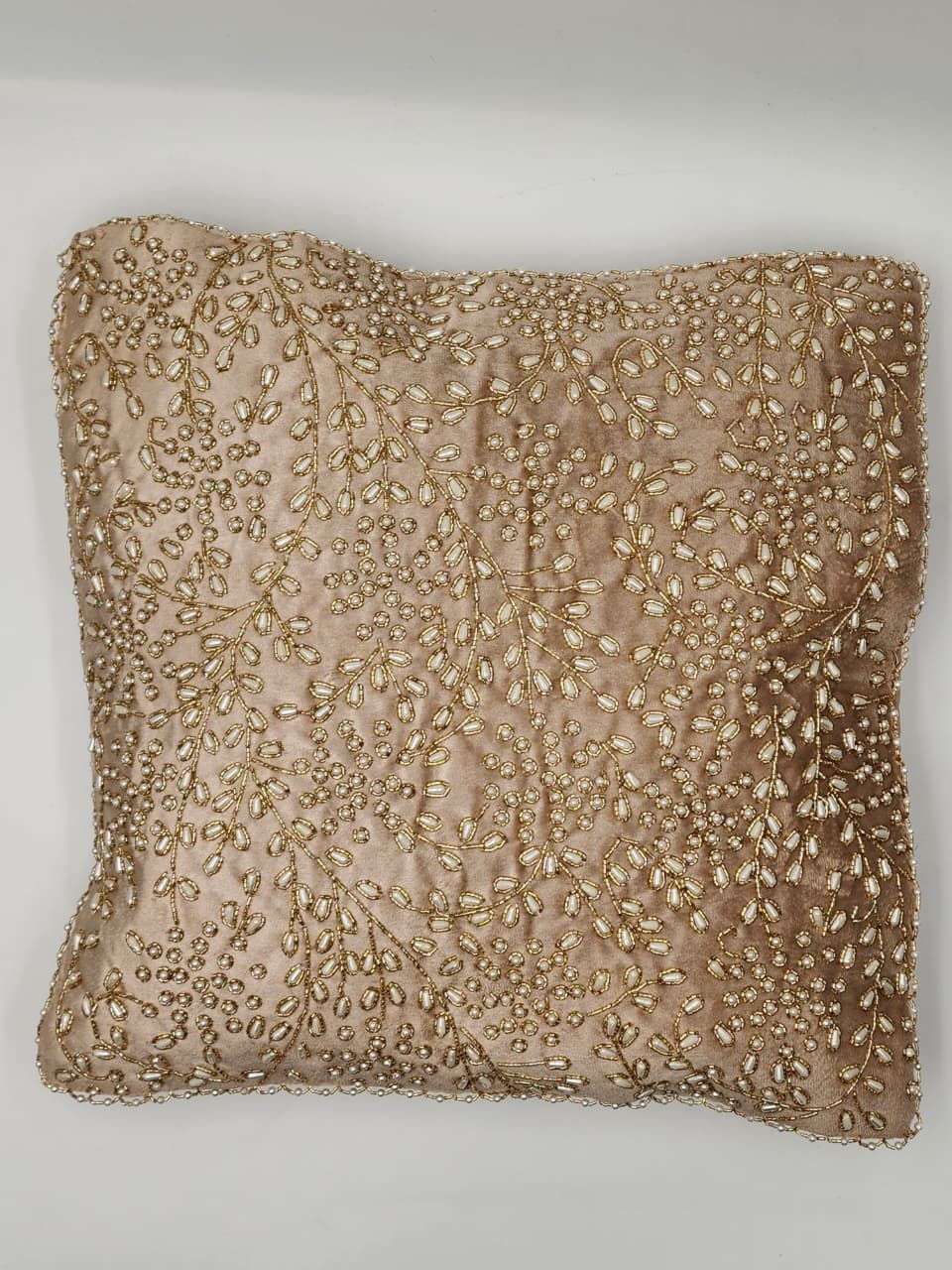 Handmade Velvet Cushion Cover (Light Beige Gold and Pearl)