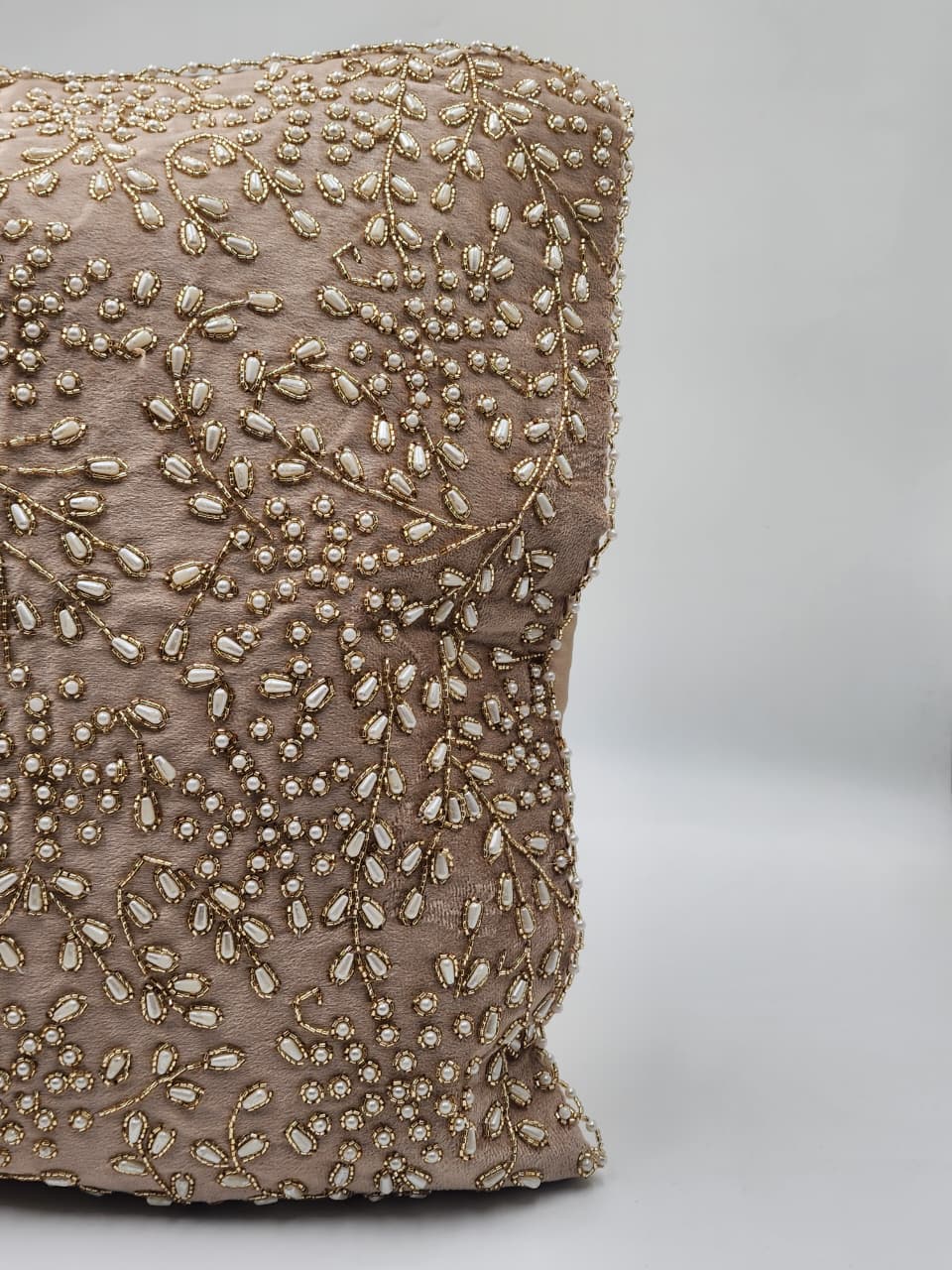 Handmade Velvet Cushion Cover (Light Beige Gold and Pearl)