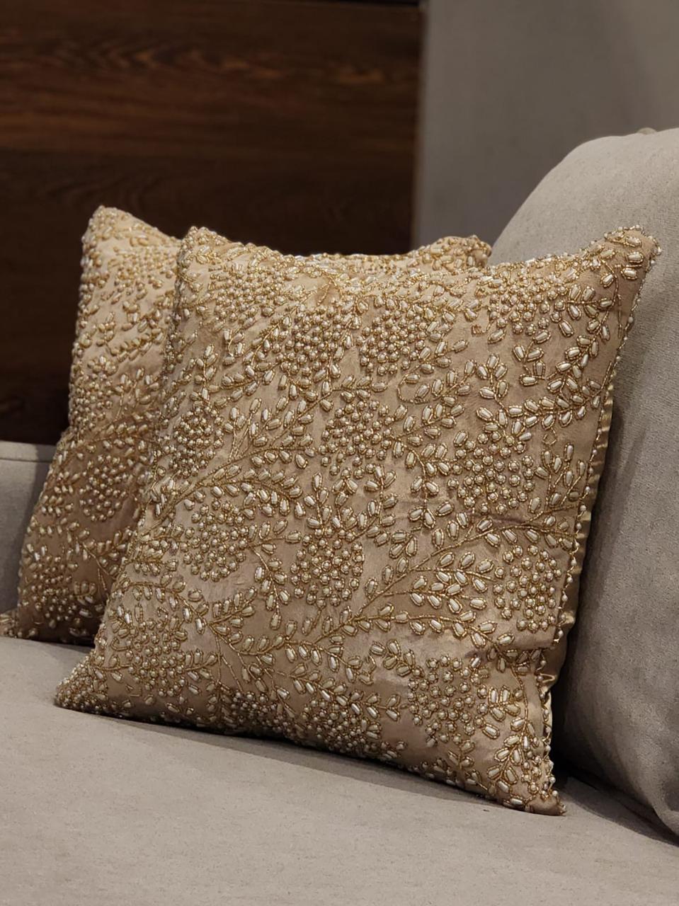 Handmade Velvet Cushion Cover (Light Beige Gold and Pearl)