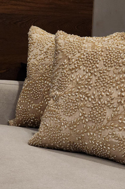 Handmade Velvet Cushion Cover (Light Beige Gold and Pearl)