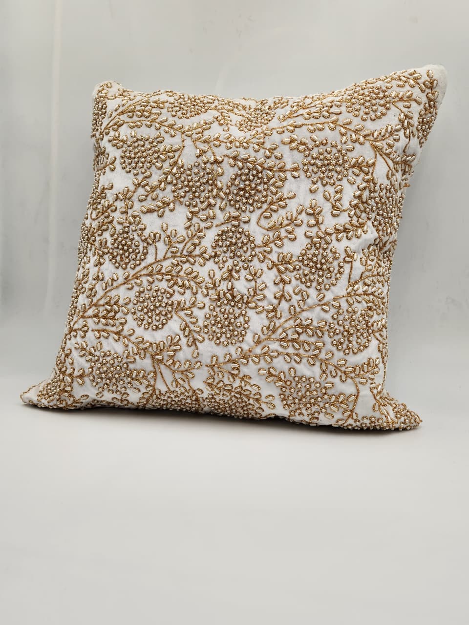 Handmade Velvet Cushion Cover (Ivory White Gold and Pearl)