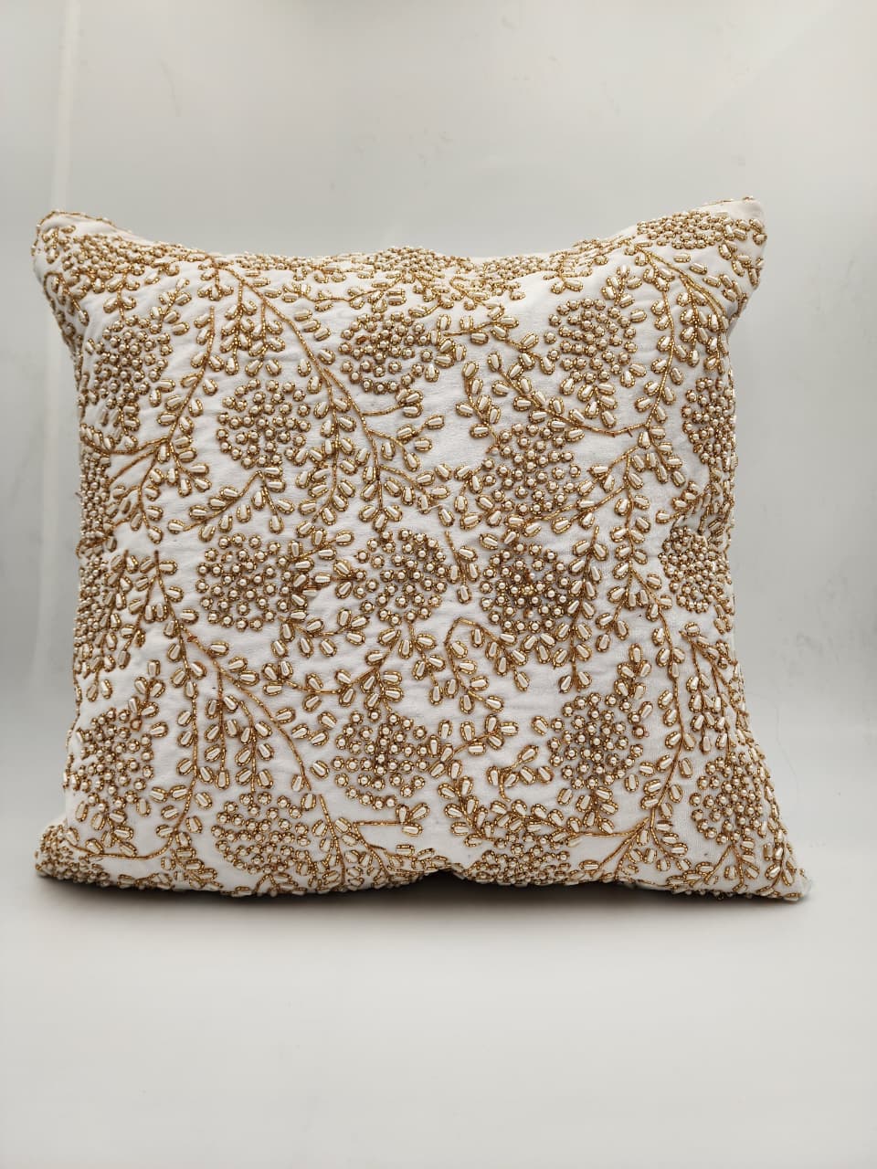 Handmade Velvet Cushion Cover (Ivory White Gold and Pearl)