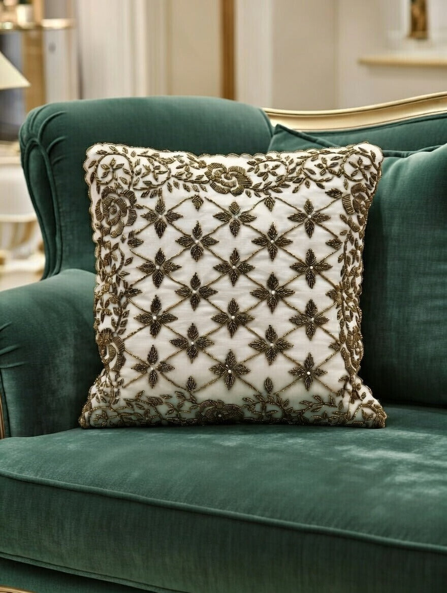 Handmade Velvet Cushion Cover (Ivory white and Gold) Design - 2