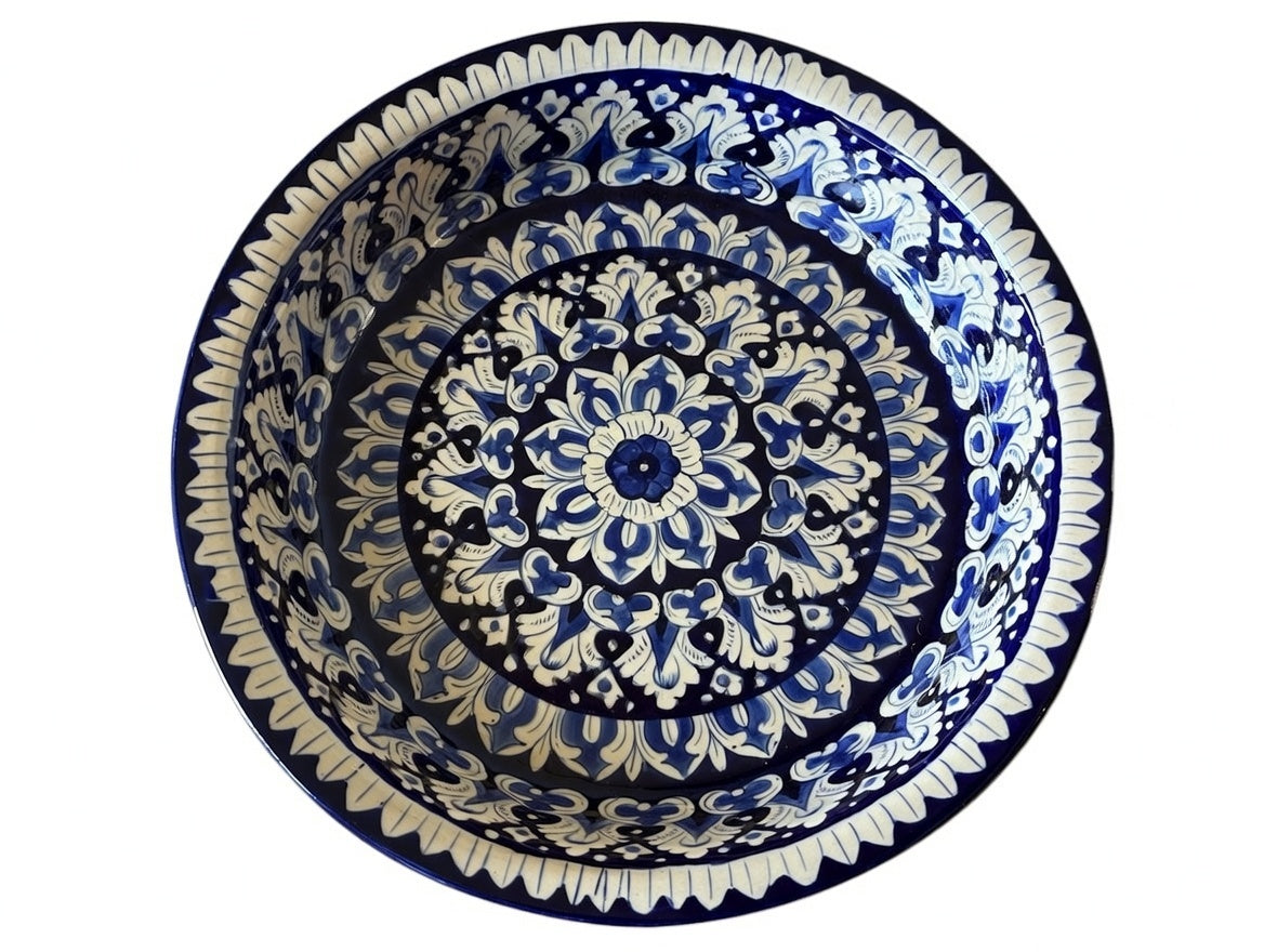 Hand-painted ceramic serving dish with stand (Blue)