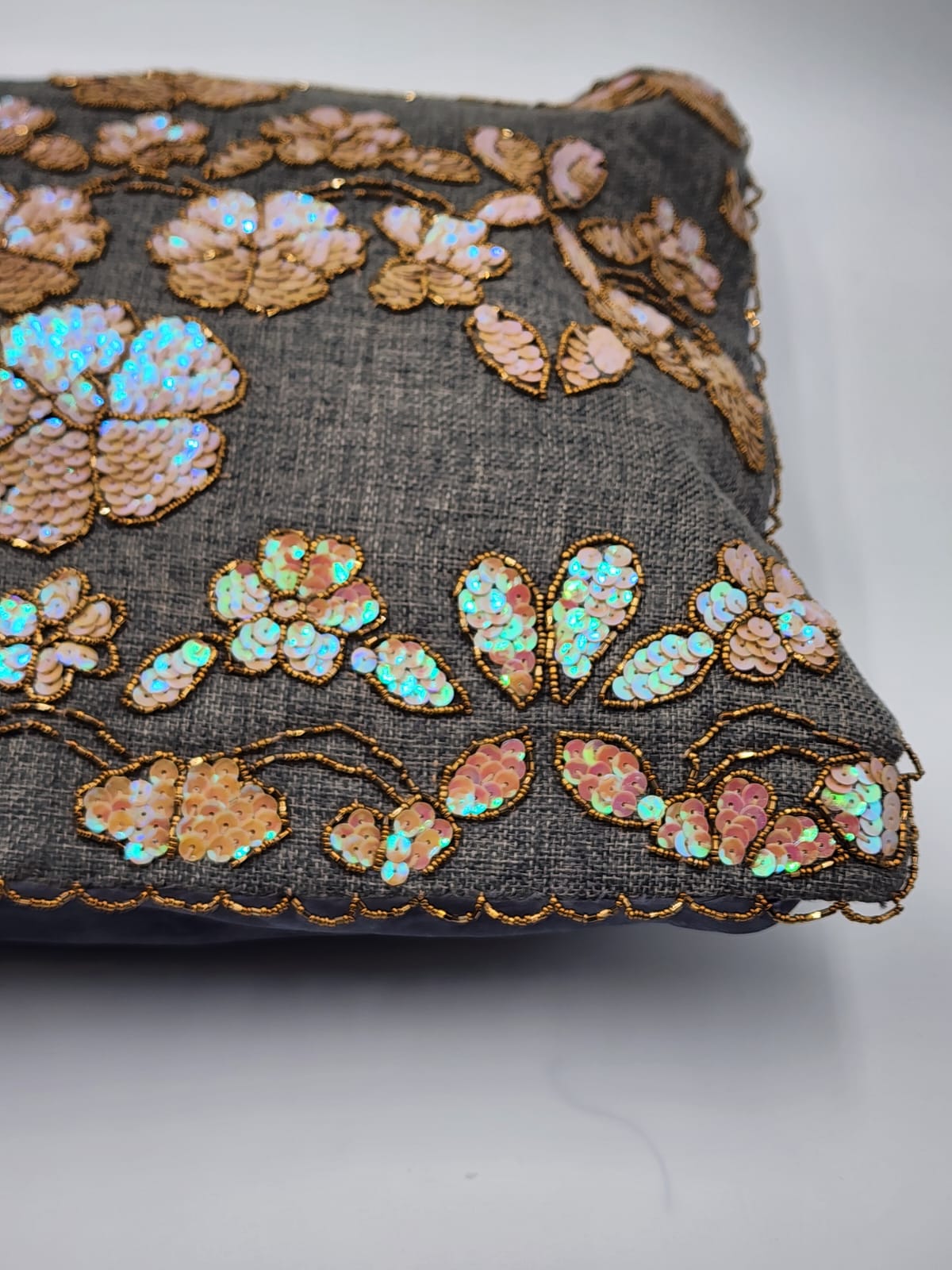 Handmade Sequence cushion cover on jute