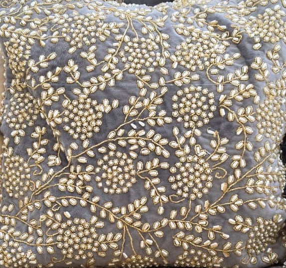 Handmade velvet Cushion Cover (Grey gold and pearl)