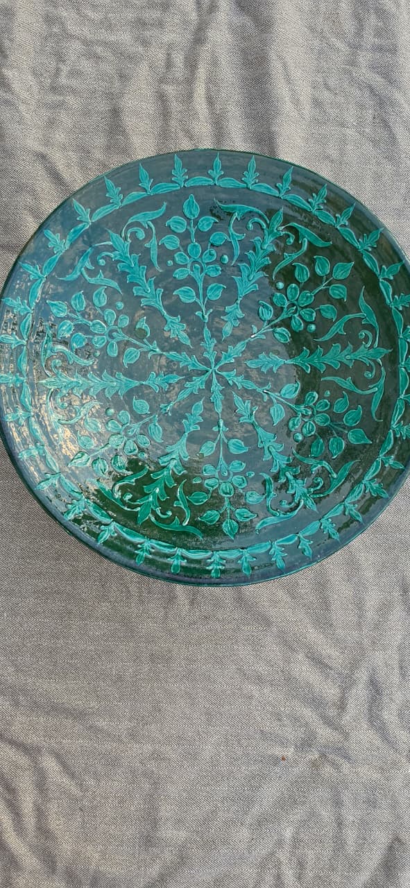 Hand-Painted Emerald Green Serving dish with stand