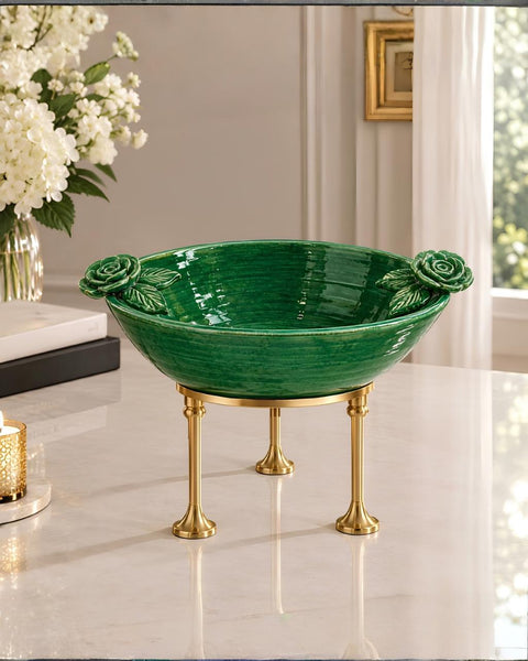 Ceramic serving platter with stand (Green)