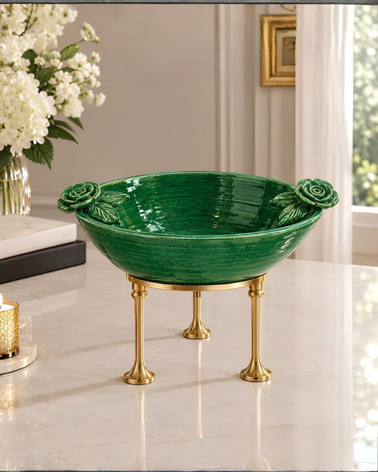 Ceramic serving platter with stand (Green)